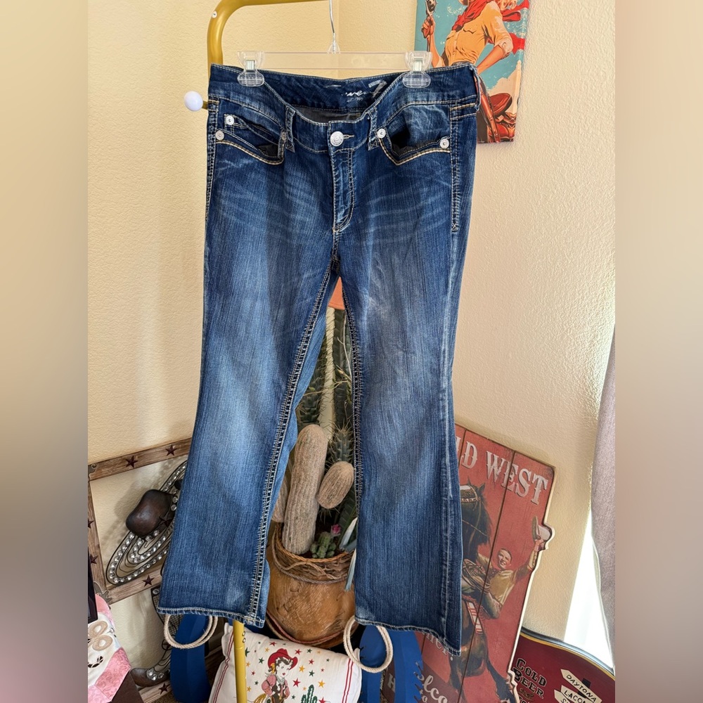 Seven7 Dark Blue Boot Cut Jeans embroidery on pockets vintage size 14